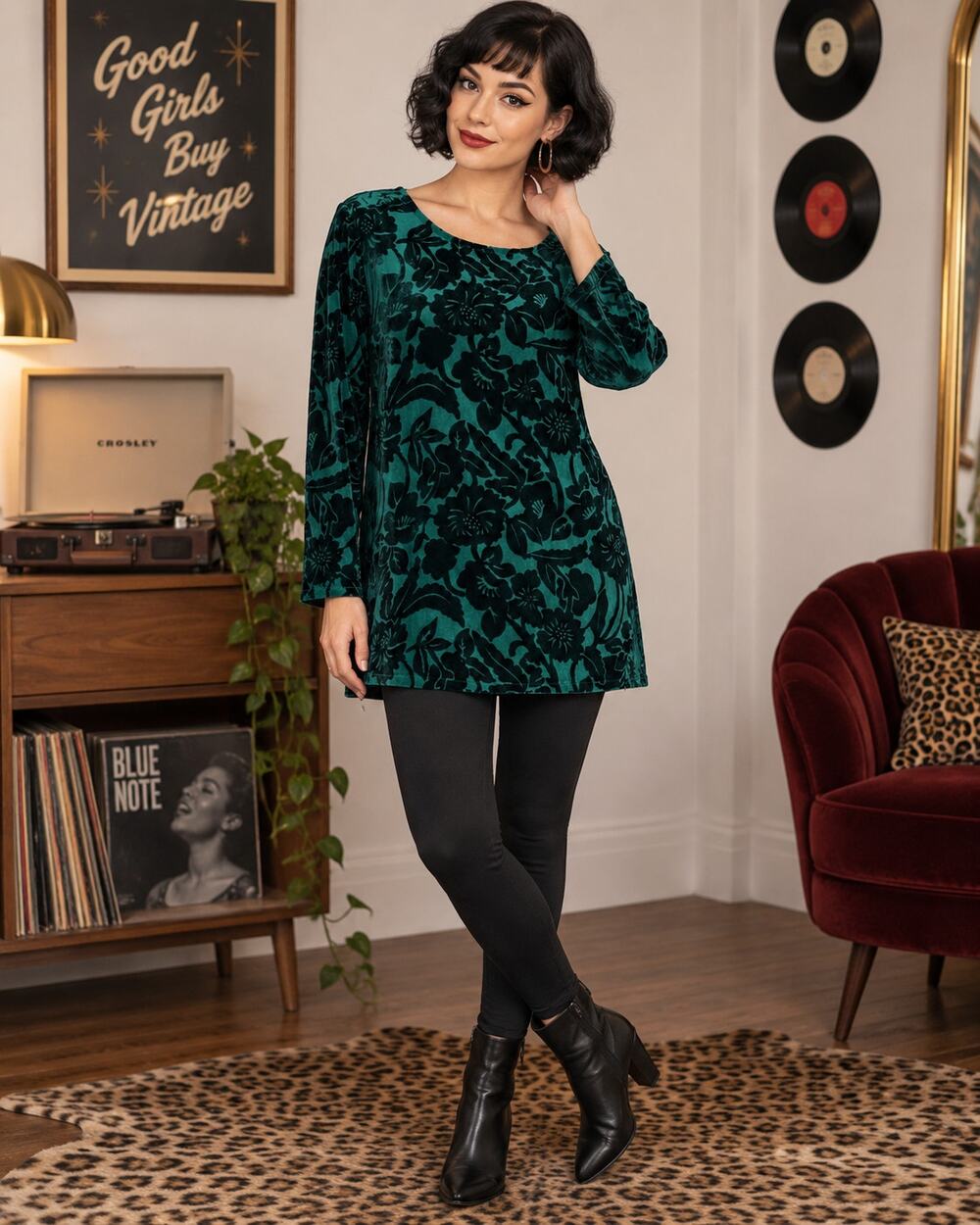 Silk Lore Beth Terrell Teal Velvet Burnout Floral Tunic Top M Whimsigoth NWT